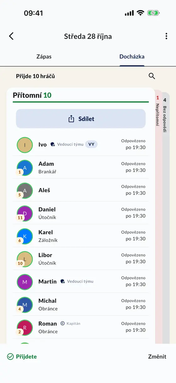 Seznam účasti na zápase v aplikaci