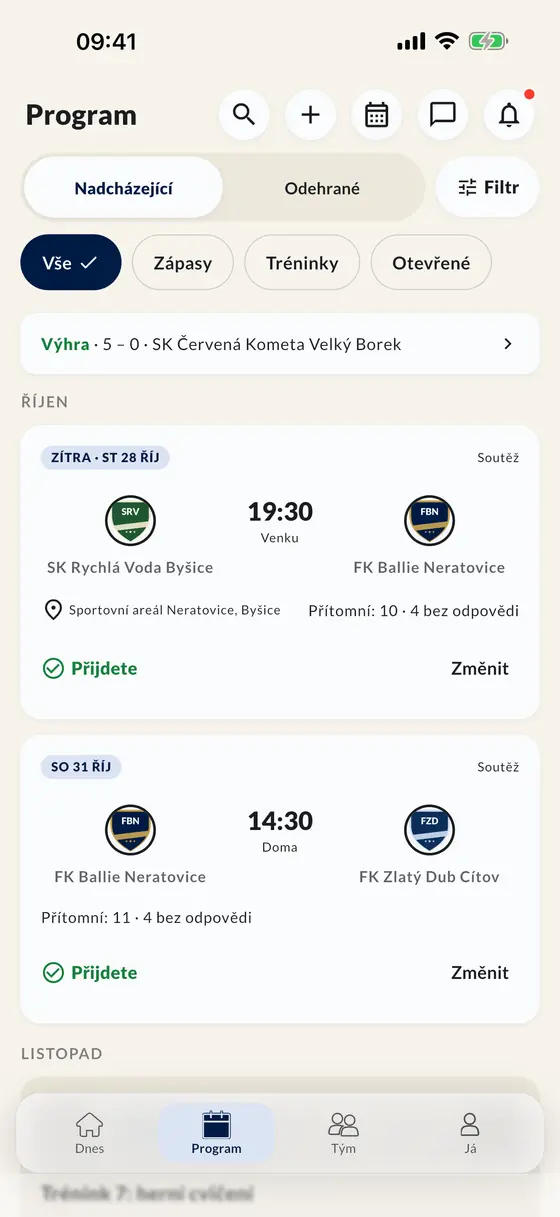 Rozpis v aplikaci se zápasy a tréninky