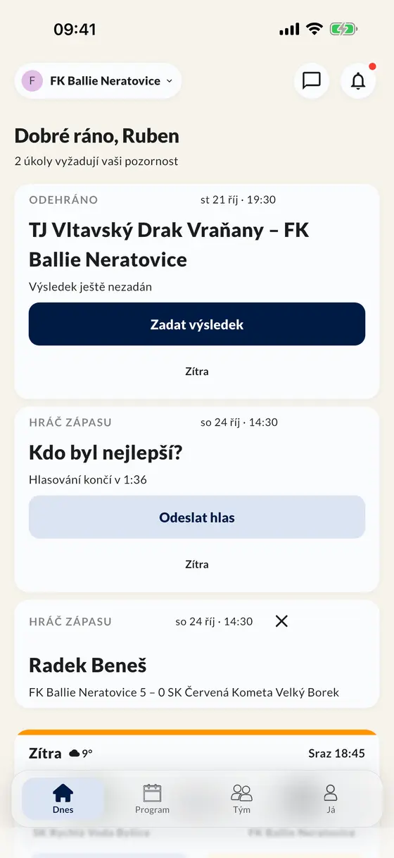 Obrazovka Dnes v aplikaci: zadejte výsledek, hlasujte pro hráče zápasu a podívejte se na další zápas