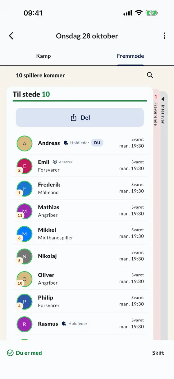 Kampens fremmødeliste i appen