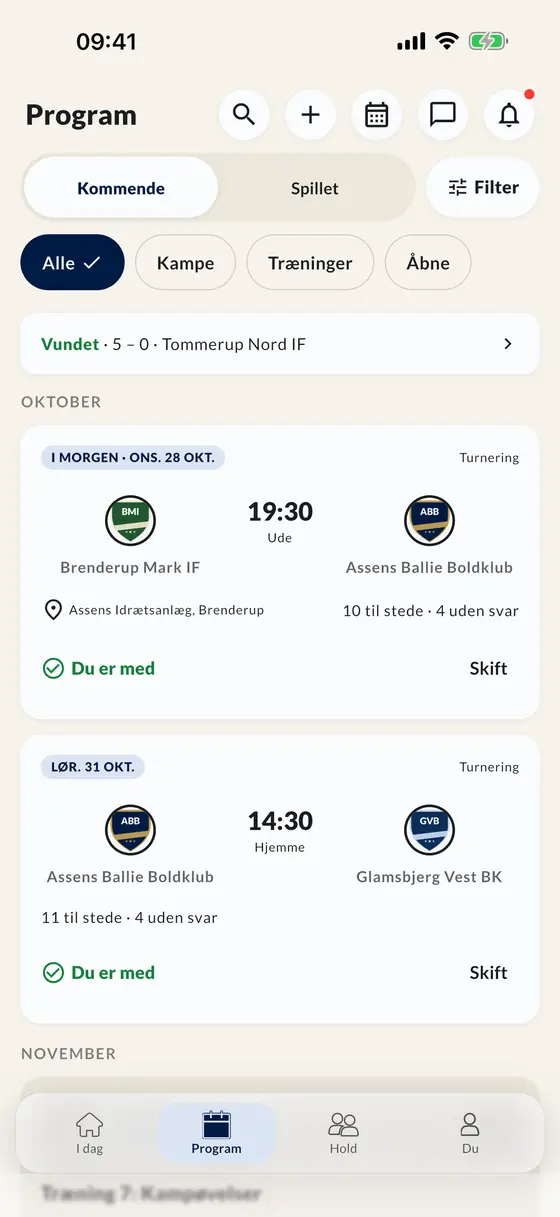 Kampprogrammet i appen med kampe og træning