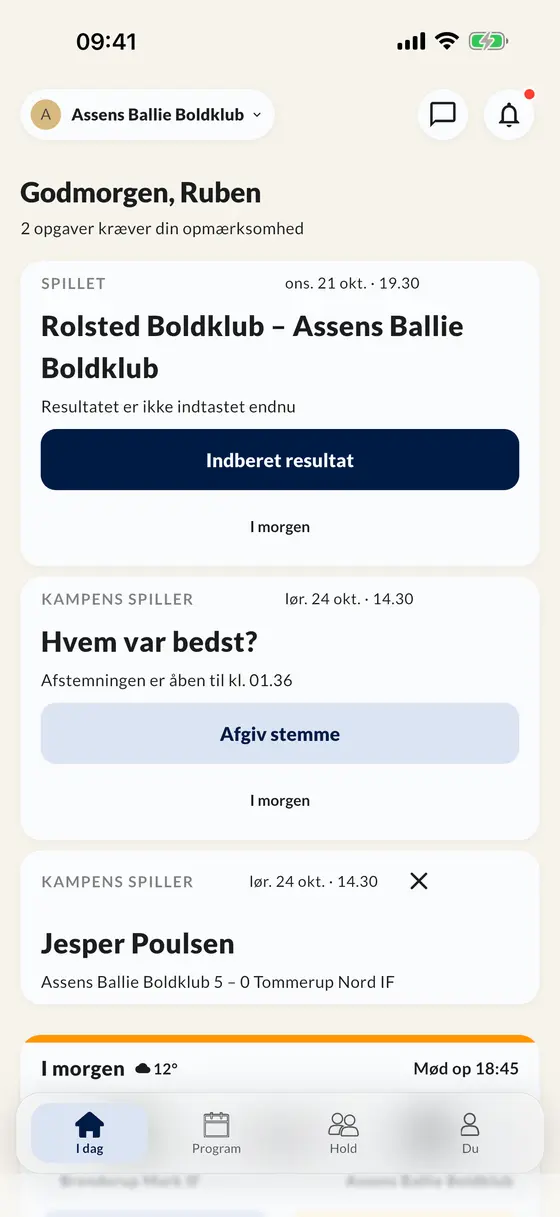 Appens I dag-skærm: indtast et resultat, stem på kampens spiller, og se den næste kamp
