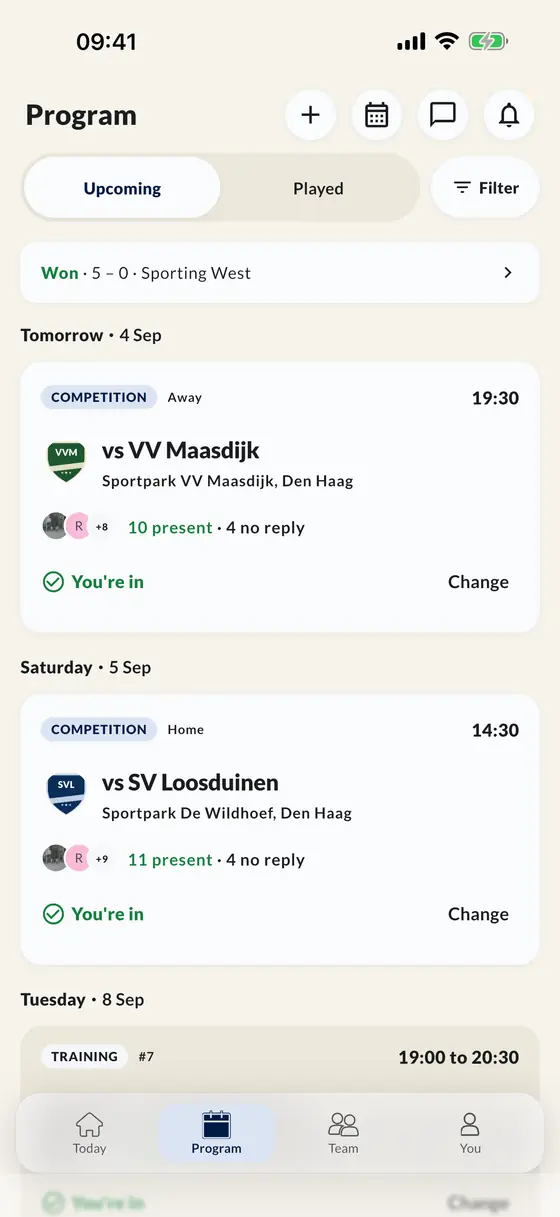 The schedule in the app with matches and training