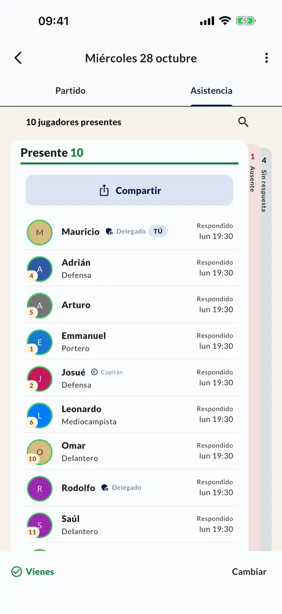 La lista de asistencia al partido en la app