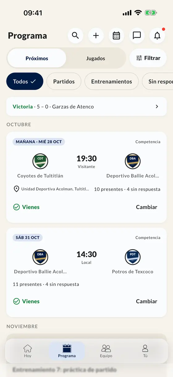 El calendario en la app con partidos y entrenamientos
