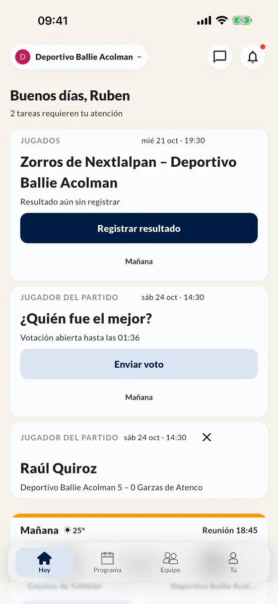 La pantalla Hoy en la app: registra un resultado, vota por el jugador del partido y mira el próximo partido