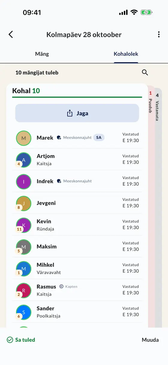 Mängu kohalolijate nimekiri rakenduses