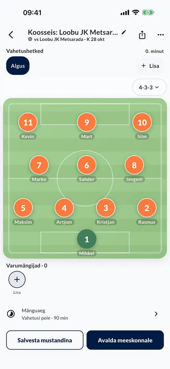Koosseis rakenduses: üksteist mängijat väljakul 4-3-3 asetuses