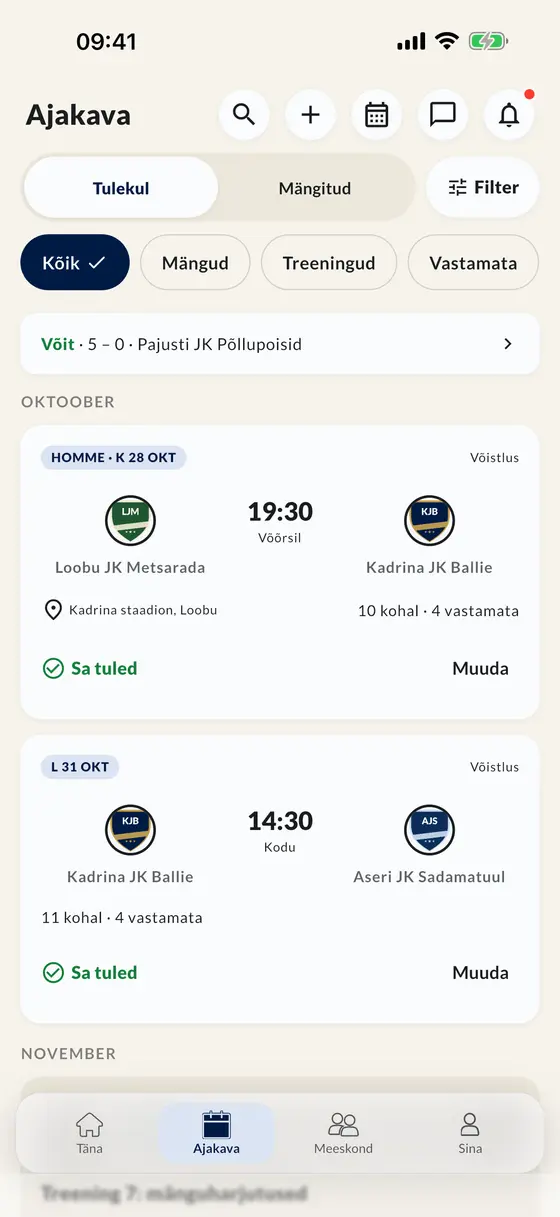 Mängude ja treeningutega ajakava rakenduses