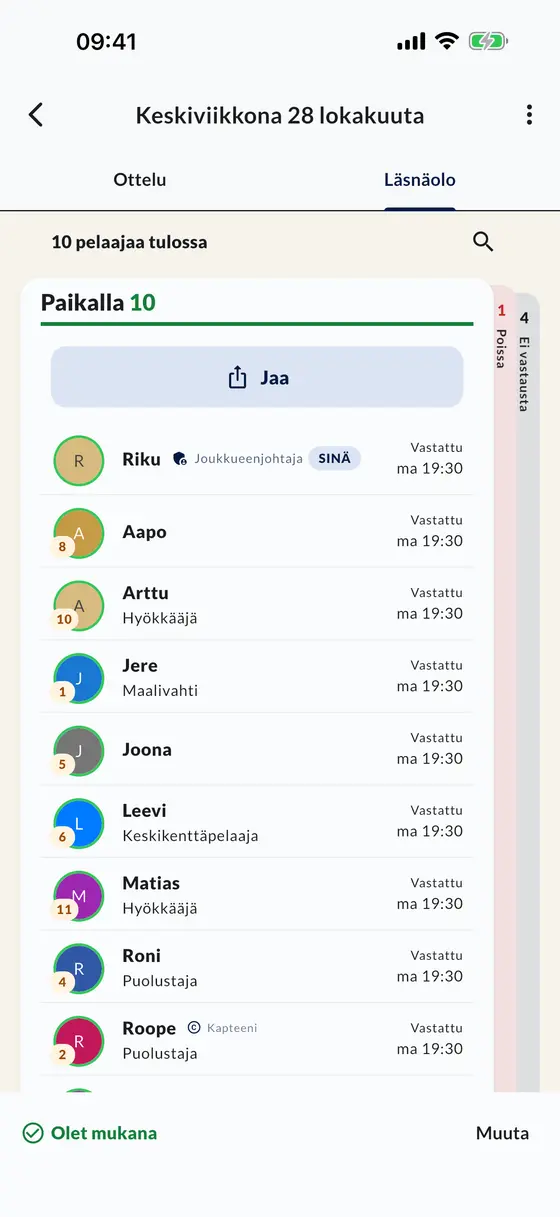 Ottelun osallistujalista sovelluksessa