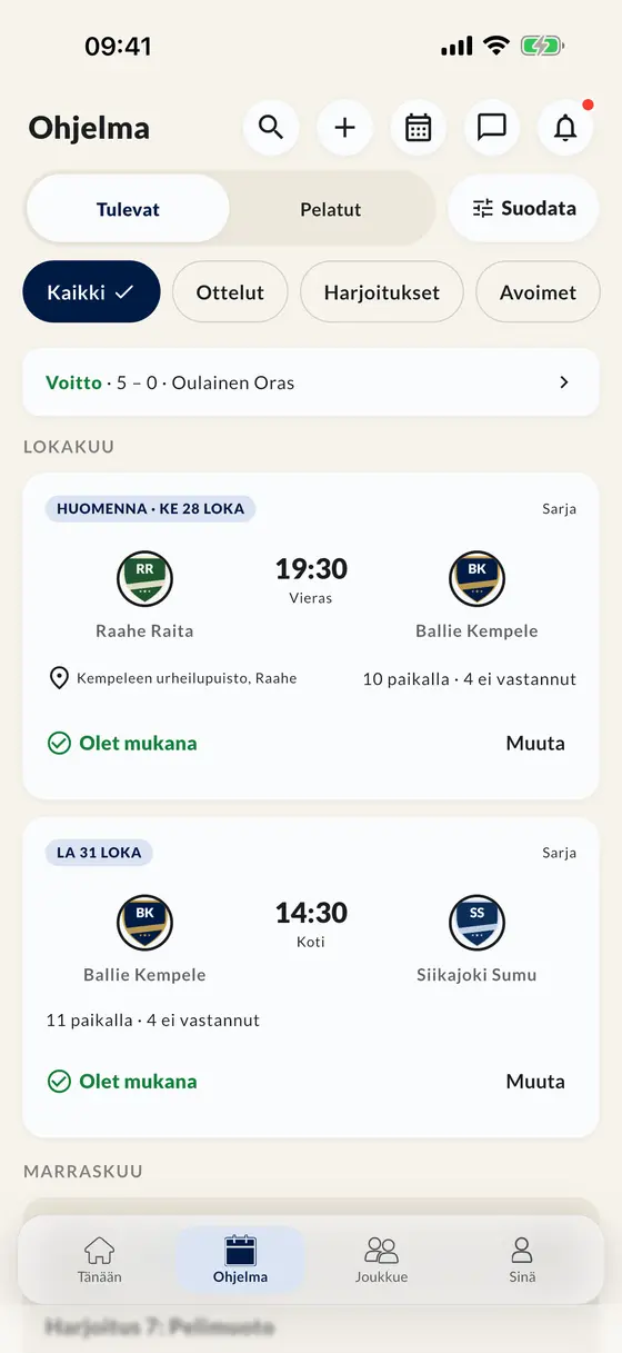 Aikataulu sovelluksessa otteluineen ja harjoituksineen