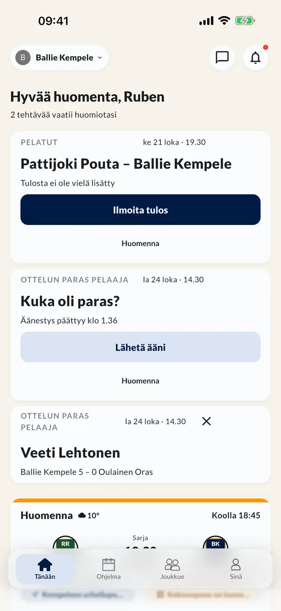 Sovelluksen Tänään-näkymä: lisää tulos, äänestä ottelun parasta pelaajaa ja katso seuraava ottelu