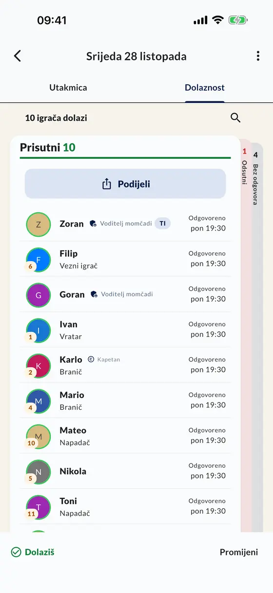 Popis dolazaka na utakmicu u aplikaciji