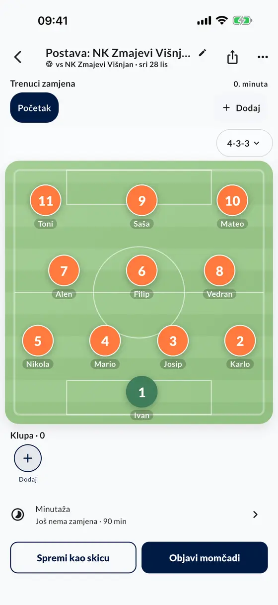 Postava u aplikaciji: jedanaest igrača u 4-3-3 na terenu