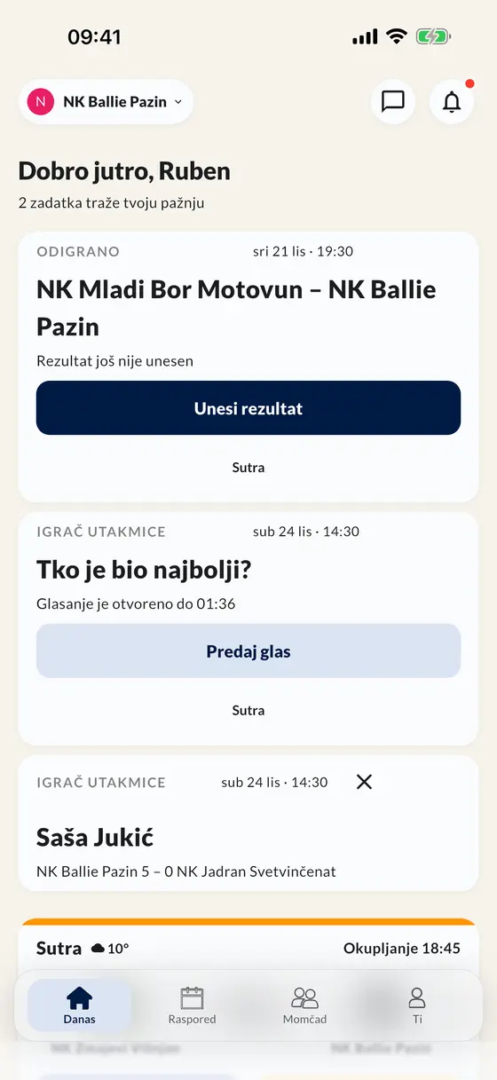 Zaslon Danas u aplikaciji: upiši rezultat, glasaj za igrača utakmice i vidi sljedeću utakmicu