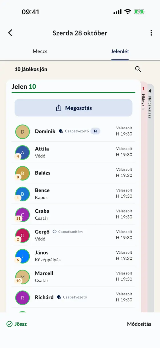 A meccs jelenléti listája az appban