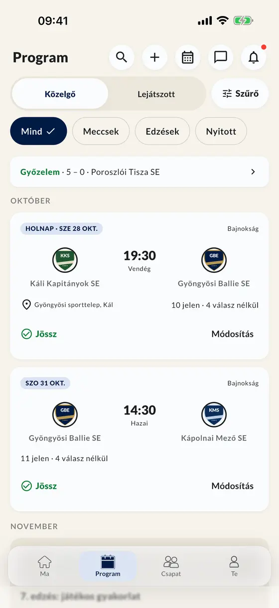 A program az appban meccsekkel és edzésekkel