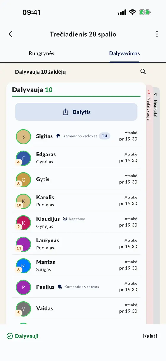 Rungtynių dalyvių sąrašas programėlėje