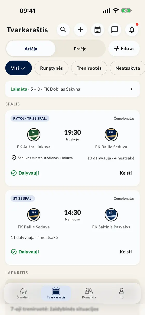 Rungtynių ir treniruočių tvarkaraštis programėlėje