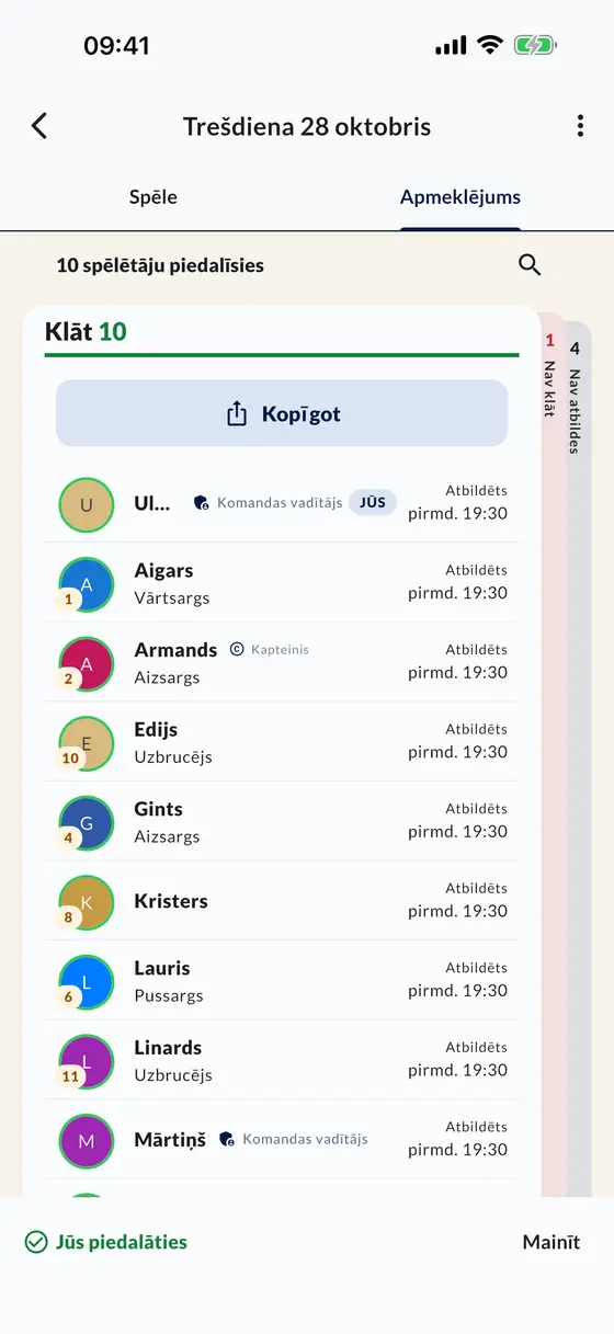 Spēles apmeklējuma saraksts lietotnē