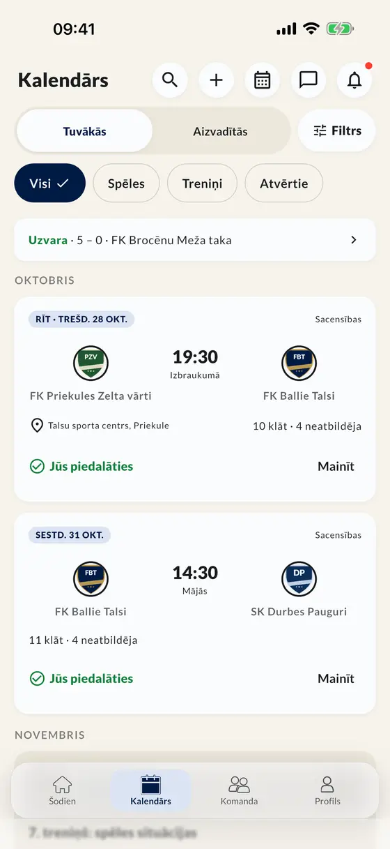 Spēļu un treniņu grafiks lietotnē