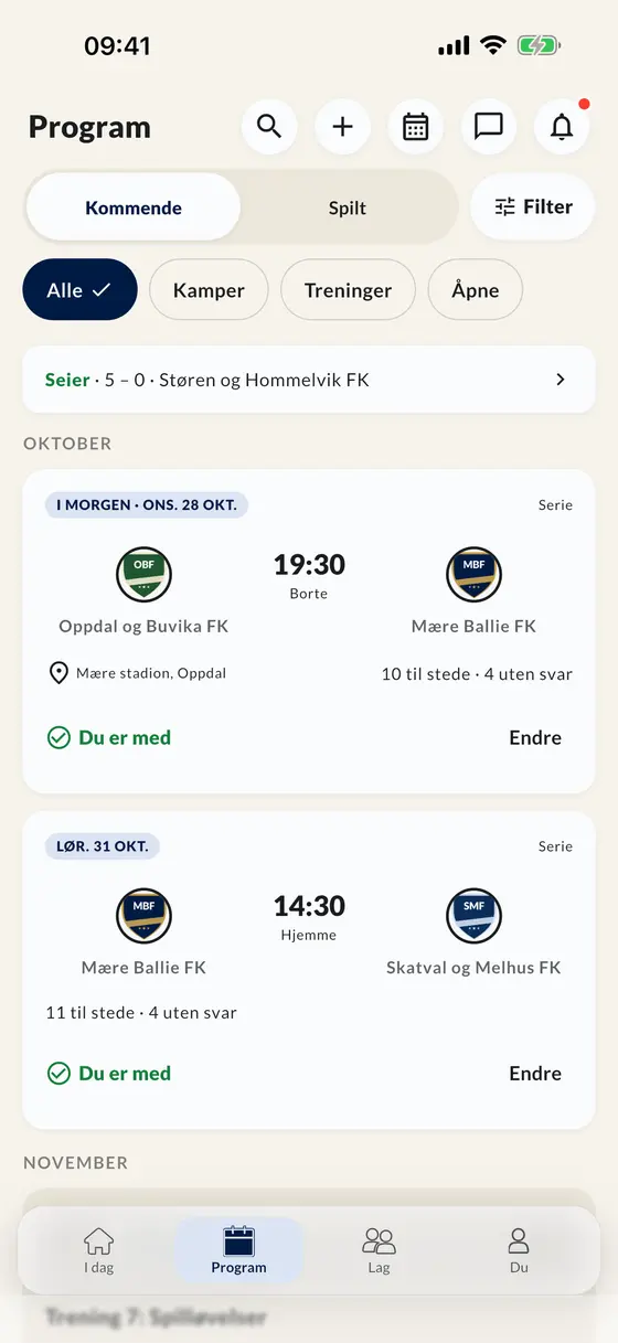 Kamp- og treningsplanen i appen