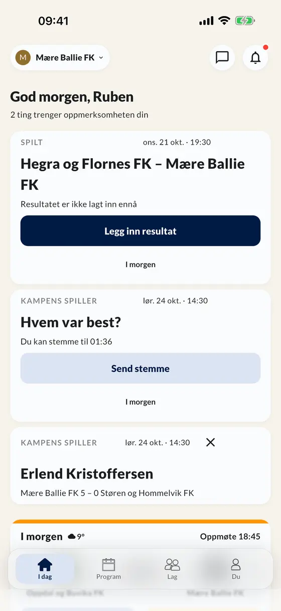 I dag-skjermen i appen: legg inn et resultat, stem på kampens spiller og se neste kamp