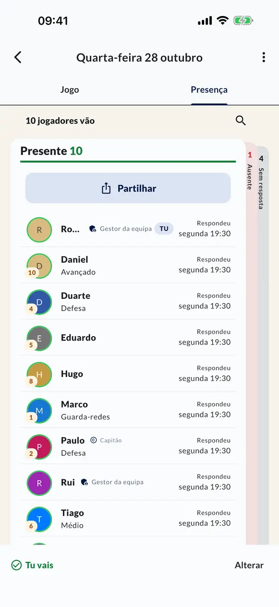 A lista de presenças do jogo na app
