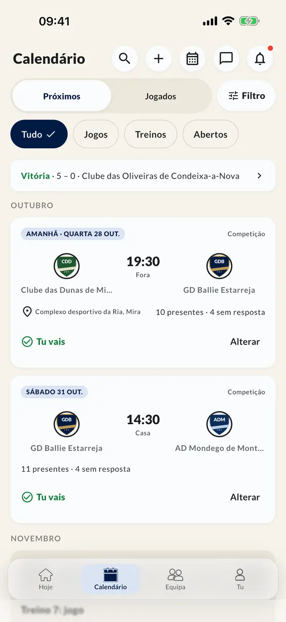O calendário na app com jogos e treinos