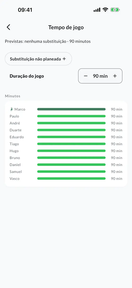 O tempo de jogo por jogador na app