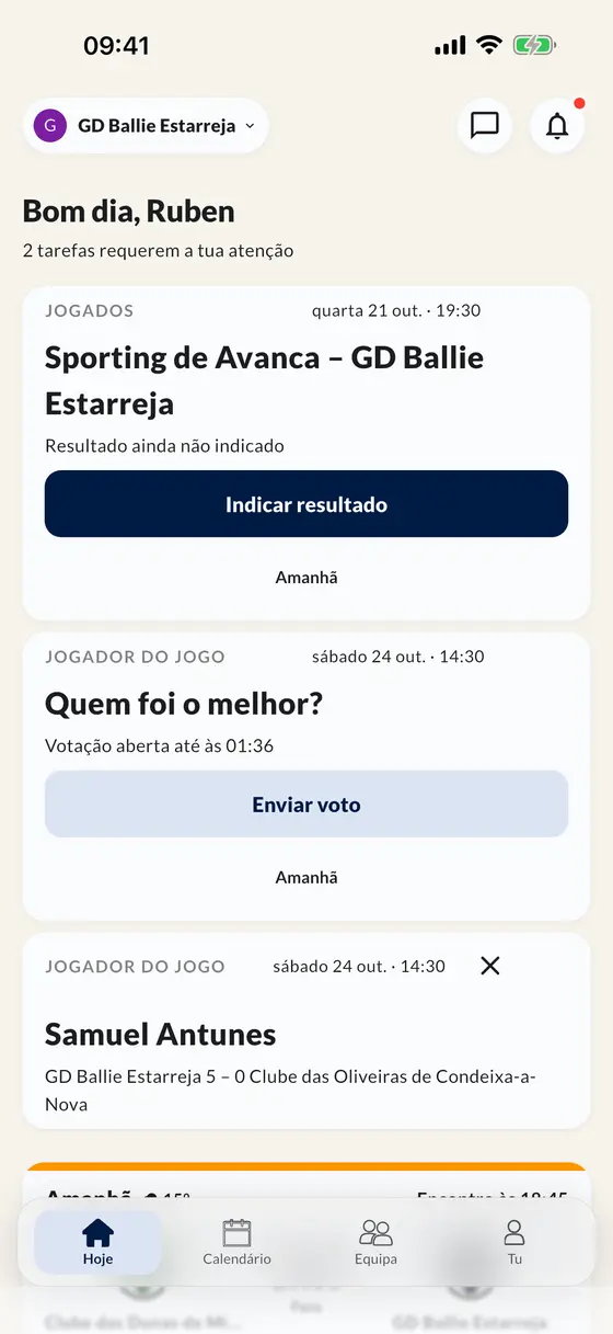 O ecrã Hoje na app: introduz um resultado, vota no jogador do jogo e vê o próximo jogo