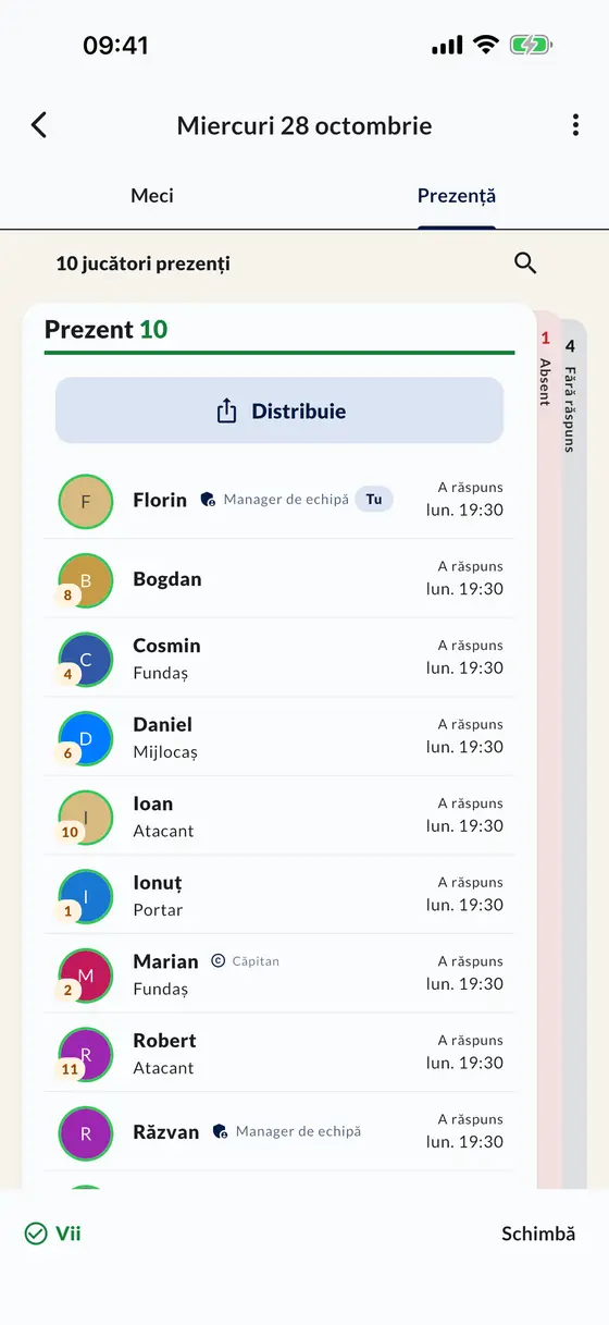 Lista de prezență la meci în aplicație