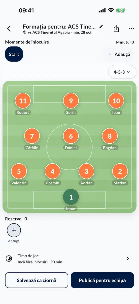 Formația în aplicație: unsprezece jucători în 4-3-3 pe teren