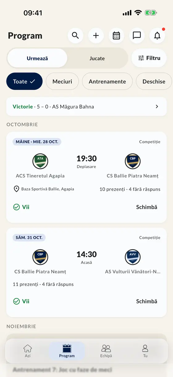 Programul în aplicație, cu meciuri și antrenamente
