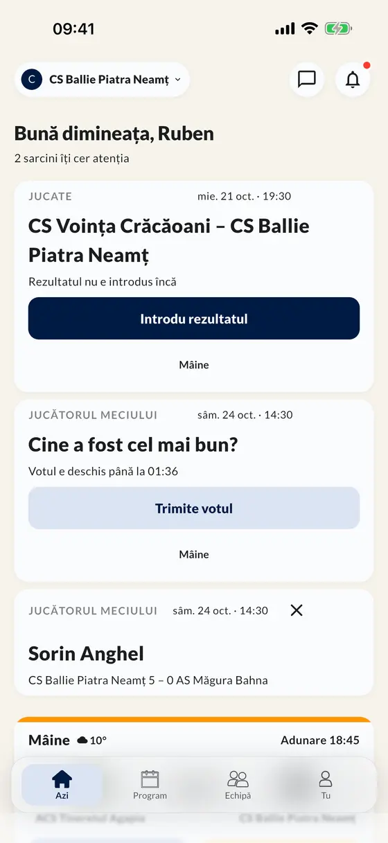 Ecranul Azi din aplicație: introdu un rezultat, votează jucătorul meciului și vezi următorul meci