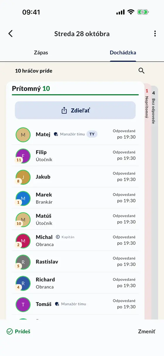 Zoznam účasti na zápase v aplikácii