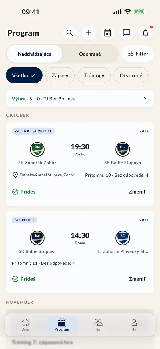 Program zápasov a tréningov v aplikácii