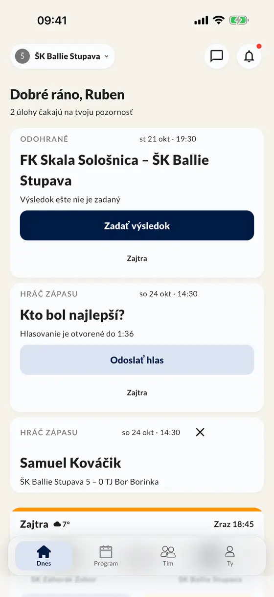 Obrazovka Dnes v aplikácii: zadaj výsledok, hlasuj za hráča zápasu a pozri si ďalší zápas