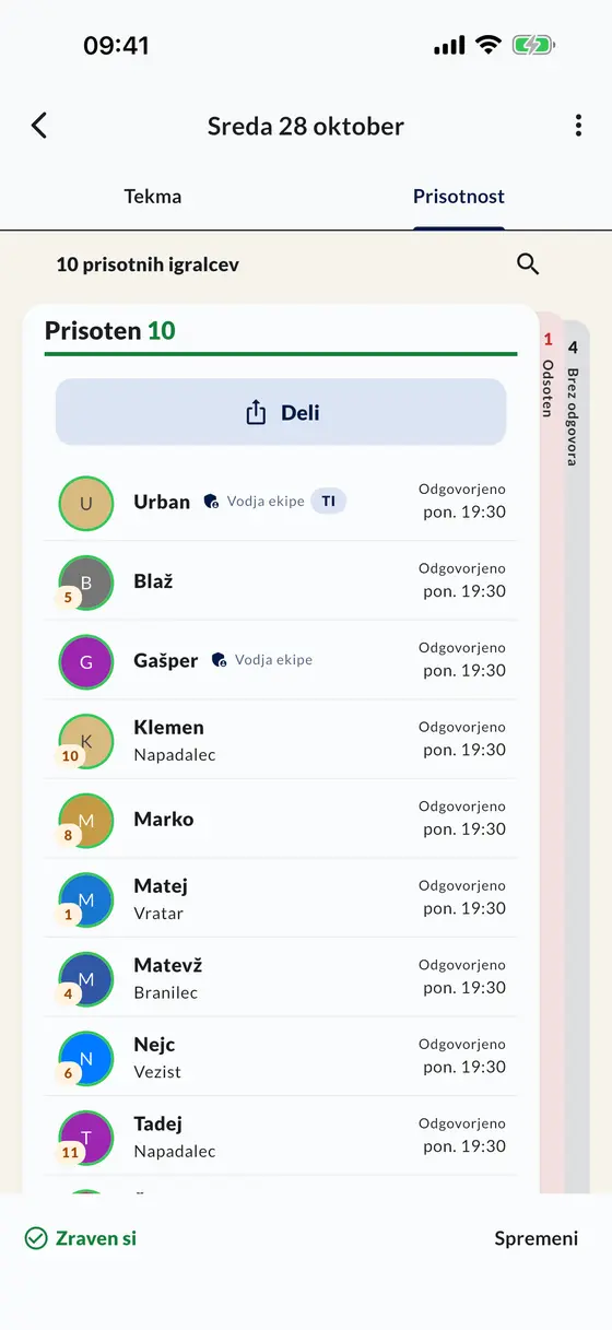 Seznam prisotnosti za tekmo v aplikaciji