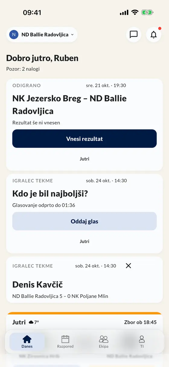 Zaslon Danes v aplikaciji: vnesi rezultat, glasuj za igralca tekme in poglej naslednjo tekmo