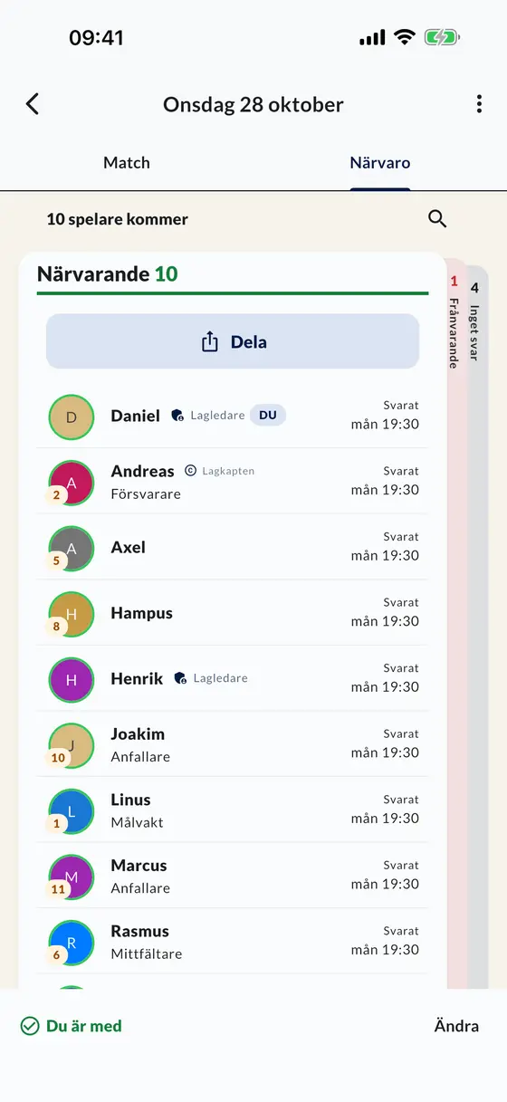 Matchens närvarolista i appen