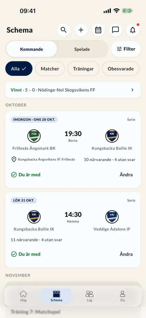 Schemat i appen med matcher och träningar