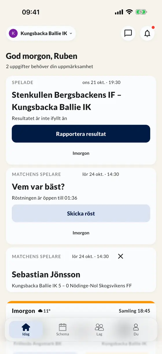 Appens Idag-skärm: lägg in ett resultat, rösta på matchens spelare och se nästa match