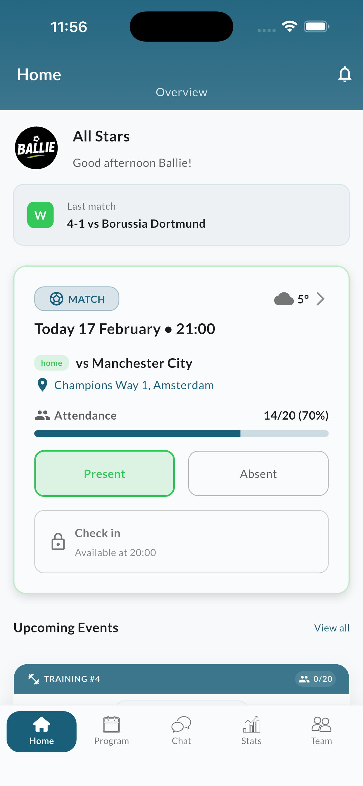 Dashboard dell'app Ballie che mostra lo stato della squadra, i prossimi allenamenti e il calendario partite con presenze in un tap
