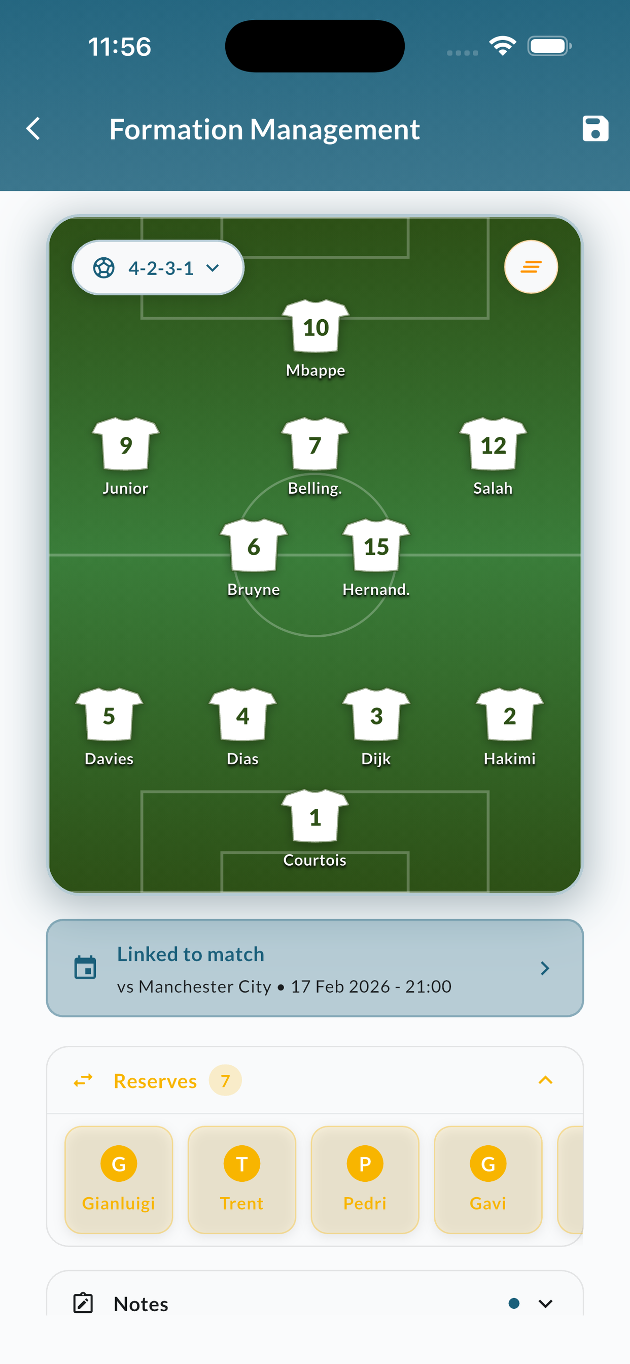 Editor formazioni Ballie con posizioni giocatori drag and drop